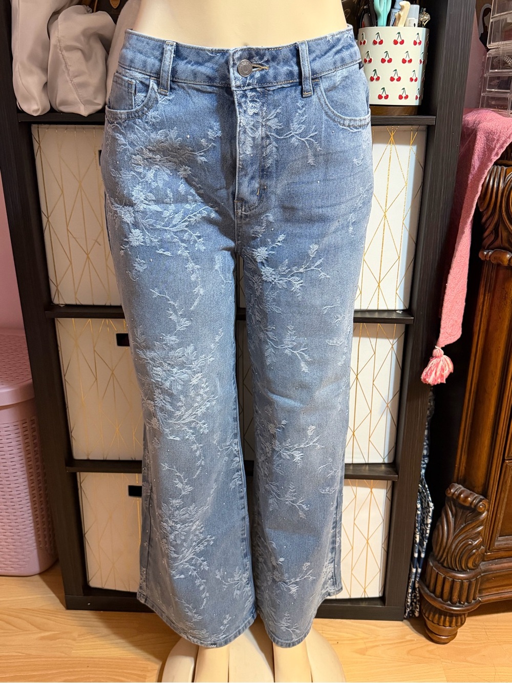 Cello Light Blue Floral sparkle Embroidered Wide-Leg Jeans
